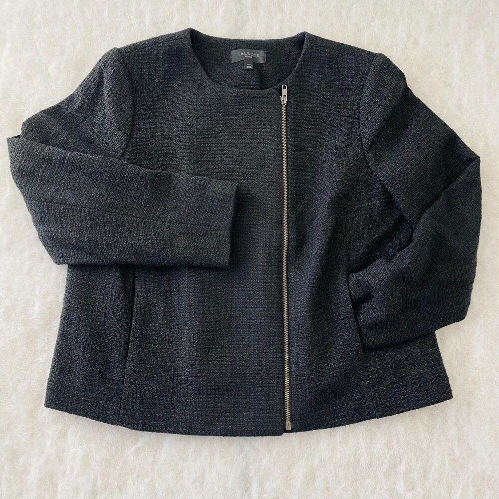 Talbots Black Womens Full Zip Jacket Pockets Cotton Blend Petite Size 16P